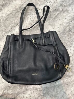 Calvin Klein Black Pebbled Leather Drawstring Tote